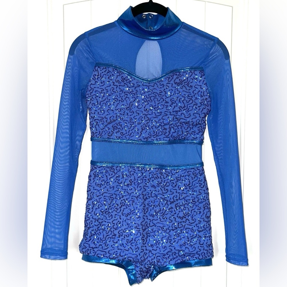 Balera Blue Sequin Performance Mesh Metallic Bike… - image 1
